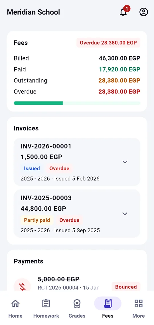 ERP app — student fees with balance and invoices