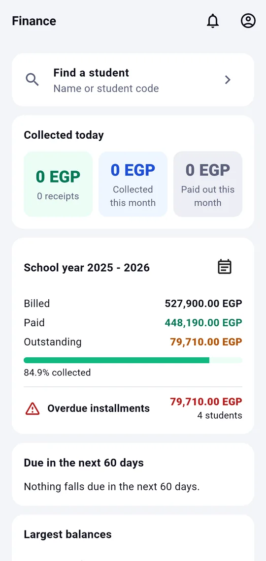 ERP app — finance office overview with collections and outstanding balances