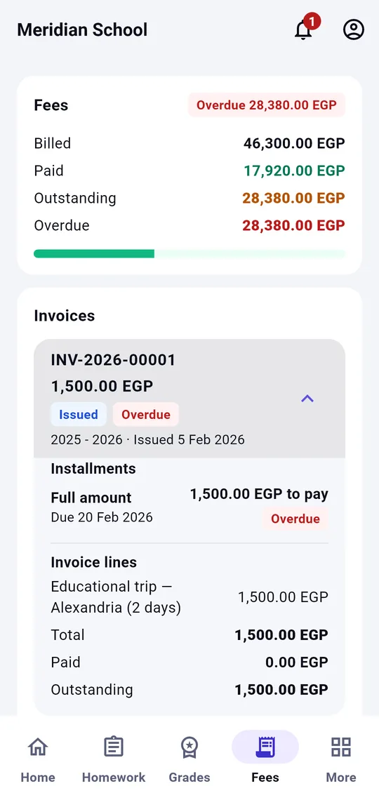 ERP app — invoice expanded with installments