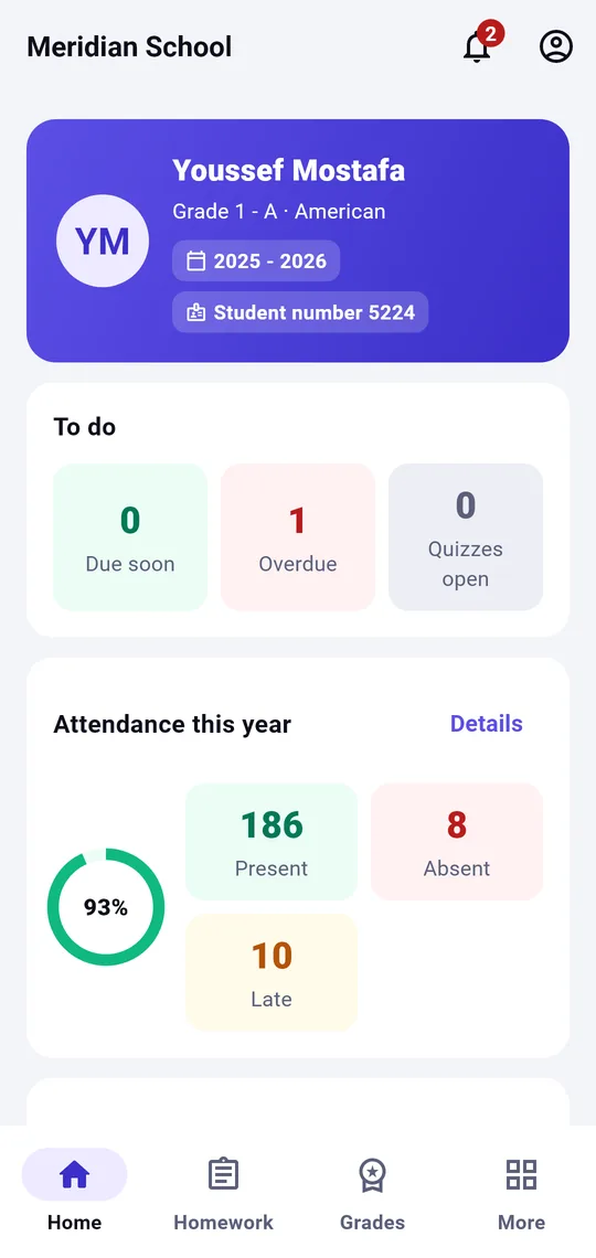SMS app — student home with homework due, attendance and recent marks