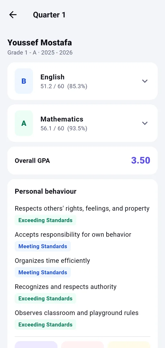 SMS app — quarter report card with subject marks and grades