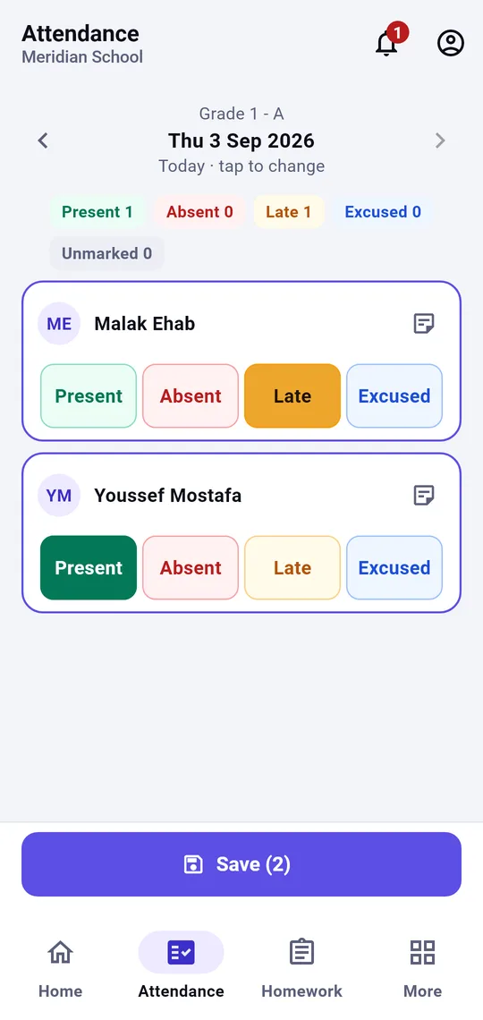 SMS app — teacher attendance sheet for a class