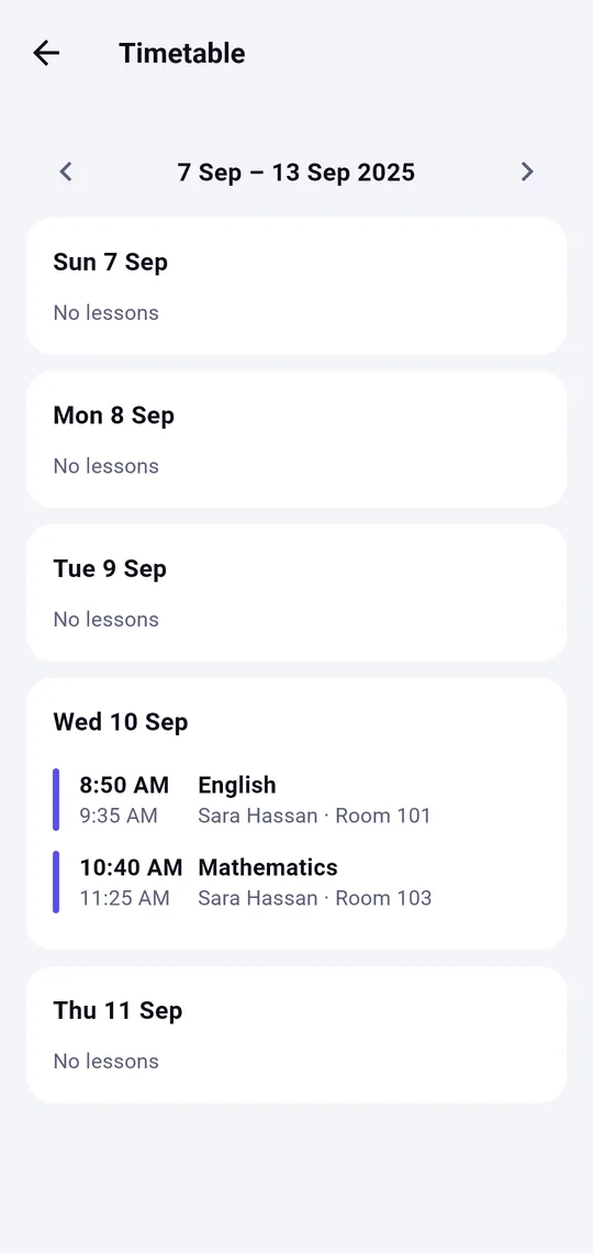 SMS app — weekly timetable