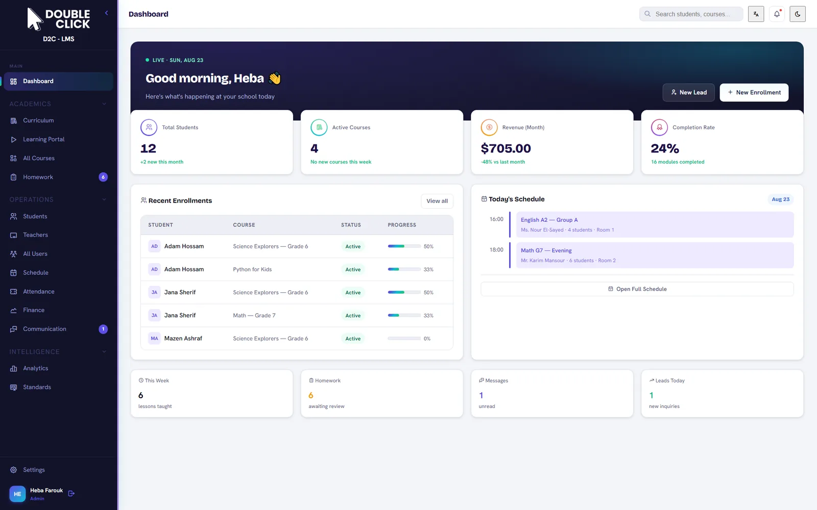 Horizon Academy demo — admin dashboard with students, courses, revenue and completion stats