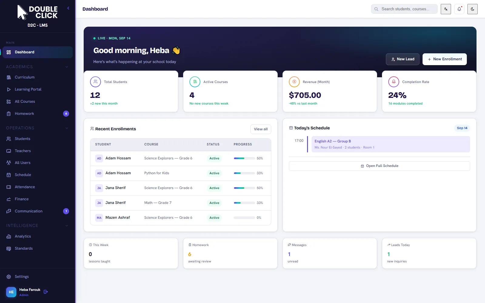 Horizon Academy demo — admin dashboard with students, courses, revenue and completion stats