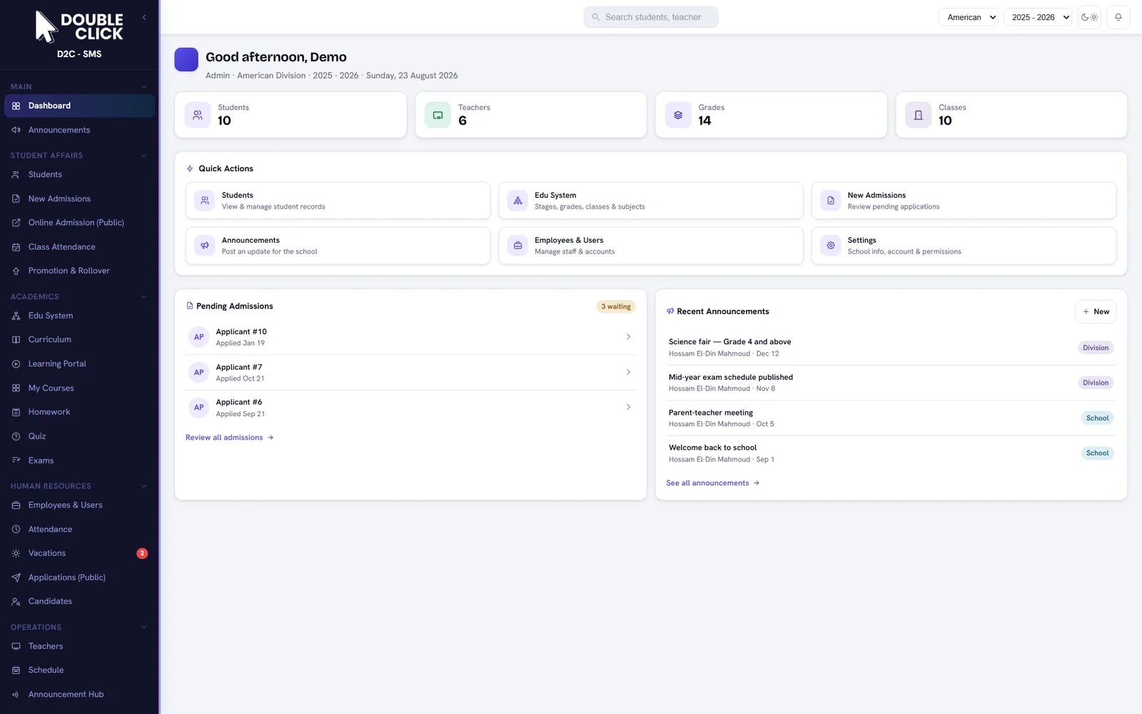 Double Click SMS demo — school dashboard with quick actions, pending admissions and announcements